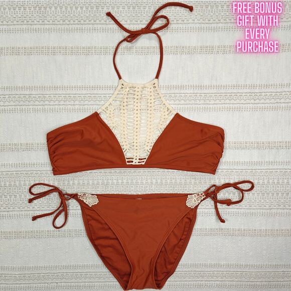 Rue Bleu Brown Crochet Halter Bikini Set Size XL NEW | Boho Swimwear Beach Ready - Picture 1 of 5
